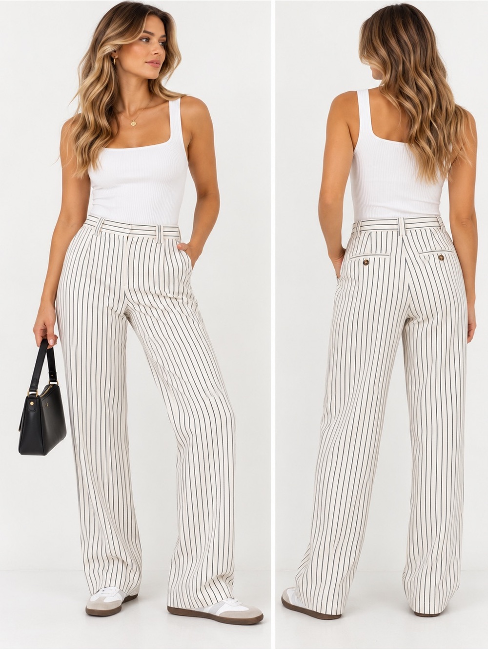 M&S The Freya Ivory Black Pinstripe Relaxed Straight Pants Size 14 Long